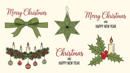 Hand-drawn Christmas holiday decoration illustrations featuring festive bows, star ornaments, glowing candles, garlands, and holly, perfect for seasonal greetings design projects