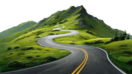 A winding road with green hills and a mountain in the background, with a car driving on the road.