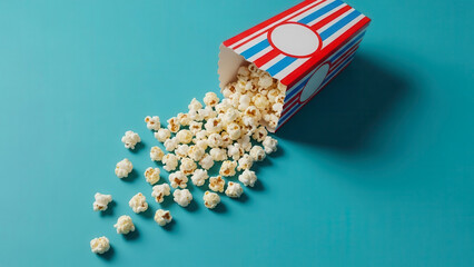 Classic red white and blue striped popcorn box spilling delicious kernels onto a teal background
