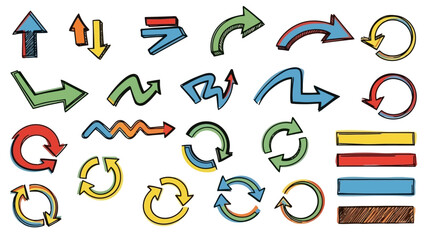 Collection of colorful hand-drawn arrow icons with different shapes and designs, including circular and straight arrows, on a white background