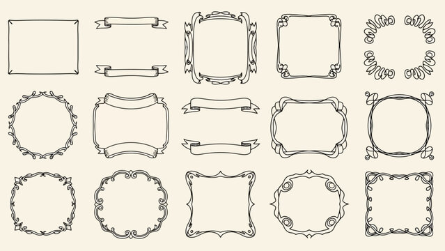 A collection of hand-drawn vintage frames, borders, and ribbon banners. An elegant design concept for invitations and labels