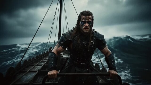 Fierce Viking warrior steering a longship through a violent storm at sea. Muscular man in leather armor screaming amidst lightning and crashing waves. Cinematic fantasy adventure concept