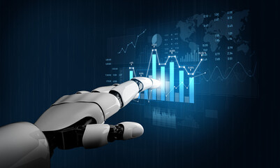 Naklejka premium A sleek robotic hand points toward dynamic digital charts, representing the intersection of technology, innovation, and data analysis in a modern business environment. Scalp