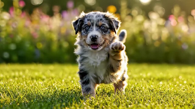 Miniature American dogs, their tongues outstretched and paws waving, run freely through lush green grass in this delightful scene capturing the concept of carefree fun and playtime perfect for.