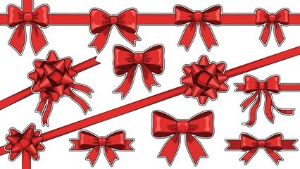 Vibrant collection of red gift bows and decorative ribbons, perfect for holiday packaging, festive occasions, and special celebration designs, showcasing various elegant tie styles