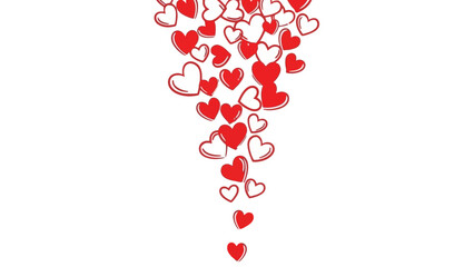 A romantic concept of love illustrated by a cascade of falling hand-drawn red and white hearts on an isolated white background for Valentine's Day