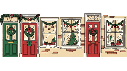 Festive Row of Doors and Windows Decorated for the Holidays © riskyy