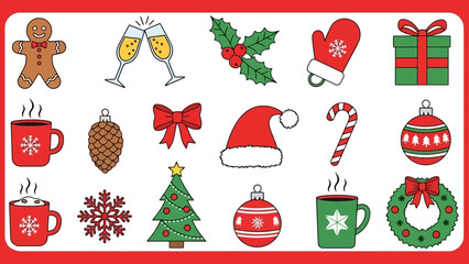 A cheerful collection of festive Christmas holiday icons, featuring traditional seasonal elements like Santa hats, ornaments, gingerbread, and warm beverages, perfect for winter designs