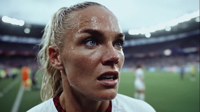 Close-up of an exhausted female soccer player sweating on the field. Woman athlete breathing heavily with a focused expression during a match in a stadium. Sports endurance concept