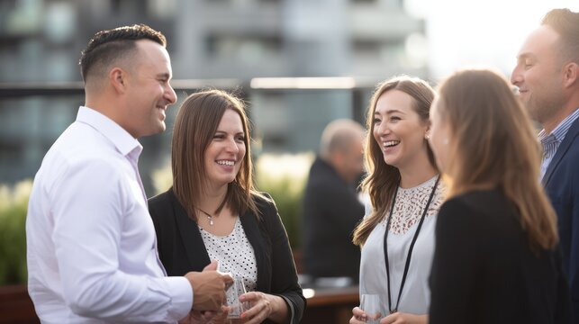 Group of professionals laughing outdoors at a business gathering