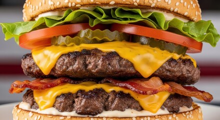 Mouthwatering double bacon cheeseburger stacked high with fresh ingredients sits ready to eat