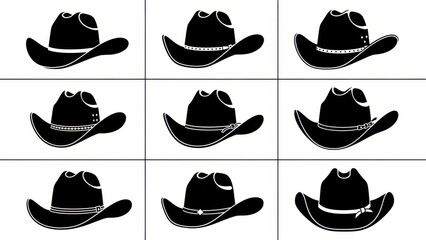 Collection of Black Cowboy Hats on White Background.