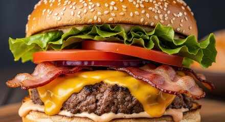Gourmet bacon cheeseburger showcases layers of fresh ingredients and melted cheese
