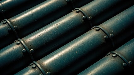 weathered metal pipes with rivets in a diagonal pattern.