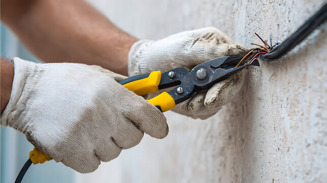 Hands wearing gloves cutting electrical wires with pliers image
