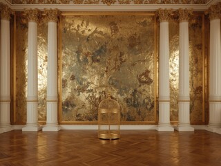 Ornate classical hall with golden abstract art and a vintage birdcage on parquet floor