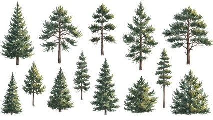 Collection of Various Pine and Fir Trees Isolated on White Background.