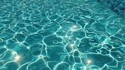 A serene, tranquil swimming pool with clear, blue water reflecting the sky and surrounding environment.
