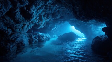 A dark, cave-like underwater setting with blue light filtering through, creating a mysterious and serene atmosphere.