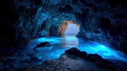 A dark cave with a blue glow, featuring a large rock arch and a body of water with a blue tint.