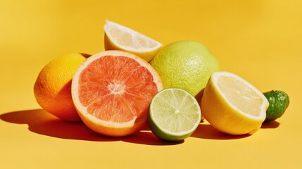 A vibrant assortment of citrus fruits, including oranges, lemons, limes, and grapefruits, 