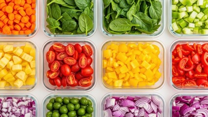 Colorful Assortment of Freshly Chopped Vegetables and Fruits in Glass Containers for Meal Prep.