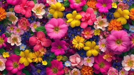 A vibrant array of colorful flowers, including pink, yellow, orange, and purple hues, arranged in a dense, 