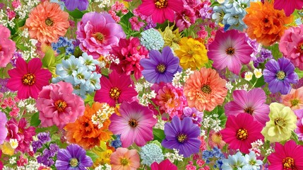 A vibrant, colorful floral arrangement with a mix of pink, purple, blue, and yellow flowers, set against a green background with a subtle gradient.