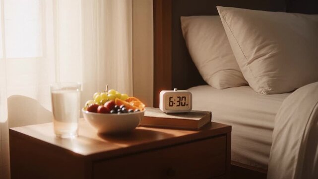 Digital alarm clock showing 6:30 on a wooden bedside table next to a bowl of fresh fruit and a glass of water. Morning routine concept in a sunny bedroom with white bedding. Healthy lifestyle