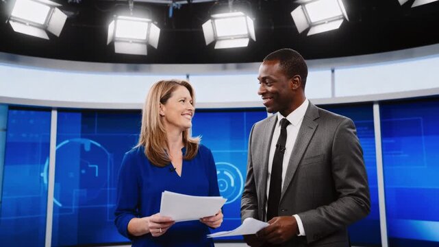 Two diverse news anchors standing in a television studio holding scripts. Professional presenters smiling and talking to each other. Broadcast journalism concept