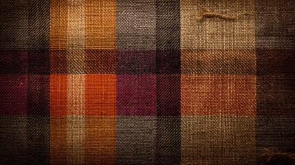 A textured, multicolored fabric with a checkered pattern, featuring shades of brown, orange, and purple, laid out on a dark surface with a visible texture and a small hole in the fabric.