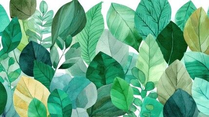 A vibrant watercolor painting of a lush green leafy border with a variety of green shades and textures, set against a white background.