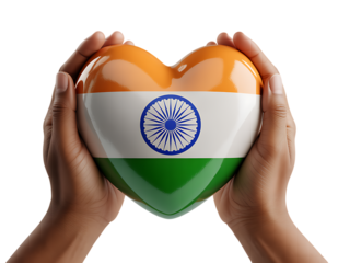 Child hands holding heart painted with Indian flag patriotic symbol isolated on transparent background PNG 
