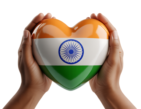 Child hands holding heart painted with Indian flag patriotic symbol isolated on transparent background PNG 
 - Powered by Adobe