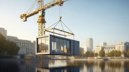 Crane Lifting Modular Home Unit Over Water in Urban Setting.