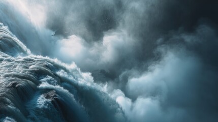 A powerful, dark, and mysterious ocean wave crashing against a dark, stormy sky with swirling clouds, creating a dramatic and intense atmosphere.