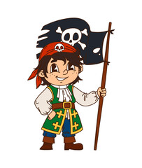 Boy kid pirate with flag cartoon funny character. Filibuster skipper cute personage, kid corsair fighter funny vector mascot. Child pirate crew boatswain cheerful character with Jolly Roger black flag