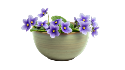 African Violets Blooming in Ceramic Bowl on White