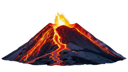Active Volcano Erupting Lava Flow on White Background