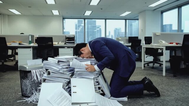 Overwhelmed businessman kneeling on office floor with head buried in a massive pile of paperwork. Stressed corporate employee suffering from burnout and exhaustion near a paper shredder. 