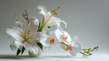 A beautiful arrangement of white lilies and orchids in a vase on a white background.