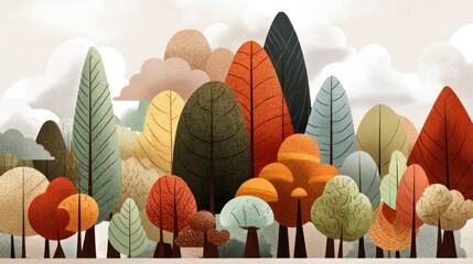 A colorful autumn forest with trees in various shades of green, yellow, orange, and red, surrounded by clouds and a blue sky.