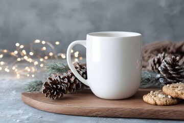 Fototapeta premium Blank White Mug Mockup on a Wooden Board with Festive Pine Cones, Holiday Cookies, and Soft Bokeh String Lights. Perfect for Christmas or Winter advertising.