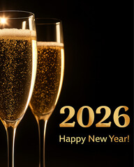 Bubbly champagne glasses on black background, celebrating the arrival of 2026 and New Year