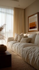 Obraz premium Bright sunlight streams through sheer curtains, illuminating a stylish living room. A soft sofa adorned with decorative pillows invites relaxation, surrounded by tasteful decor and natural elements