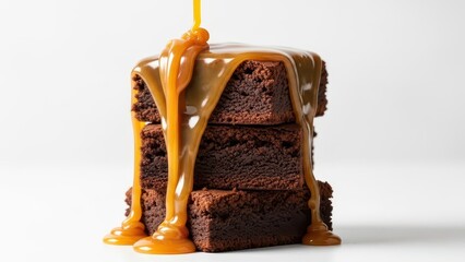 Delicious Stack of Chocolate Brownies Drizzled with Golden Caramel Sauce on White Background.