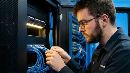 IT Technician Expertly Manages Network Cables in Data Center Server Rack, Ensuring Seamless Connectivity and Hardware Maintenance for 4K Video - Powered by Adobe