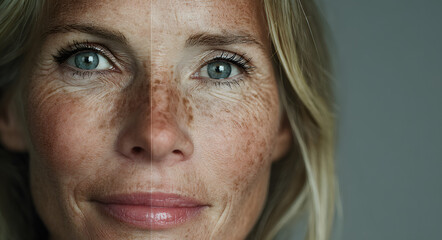 a split-screen photo of an elegant woman in her late thirties, showing the effects on skin quality and wrinkles between age group from mid-30s to older aged with loose