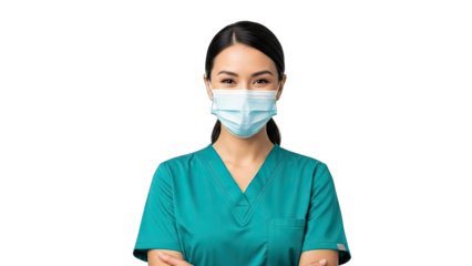 Asian Nurse Smiling with Mask on White Background