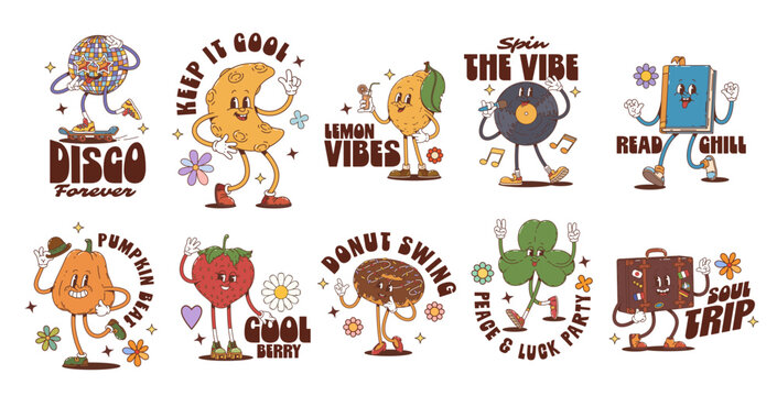 Retro funky Y2K groovy hippie characters stickers with funny funky personages, vector t shirt prints. Cartoon groovy stickers with hippie vinyl and disco ball, freaky clover and moon in cool vibes